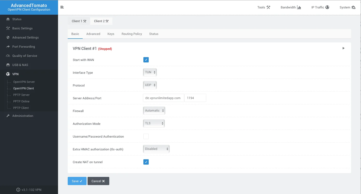 OpenVPN client configuration for tomato router. KeepSolid VPN Unlimited. Settings 1