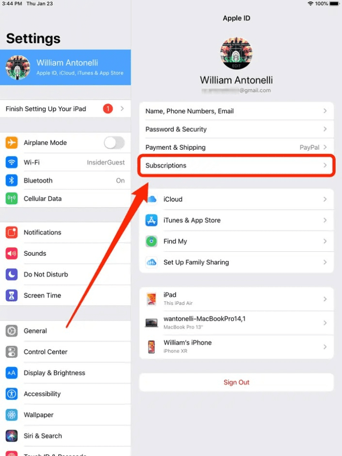 Settings Subscriptions