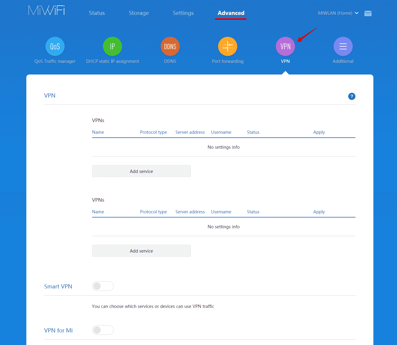 VPN setup on Xiaomi router: Advanced settings > VPN