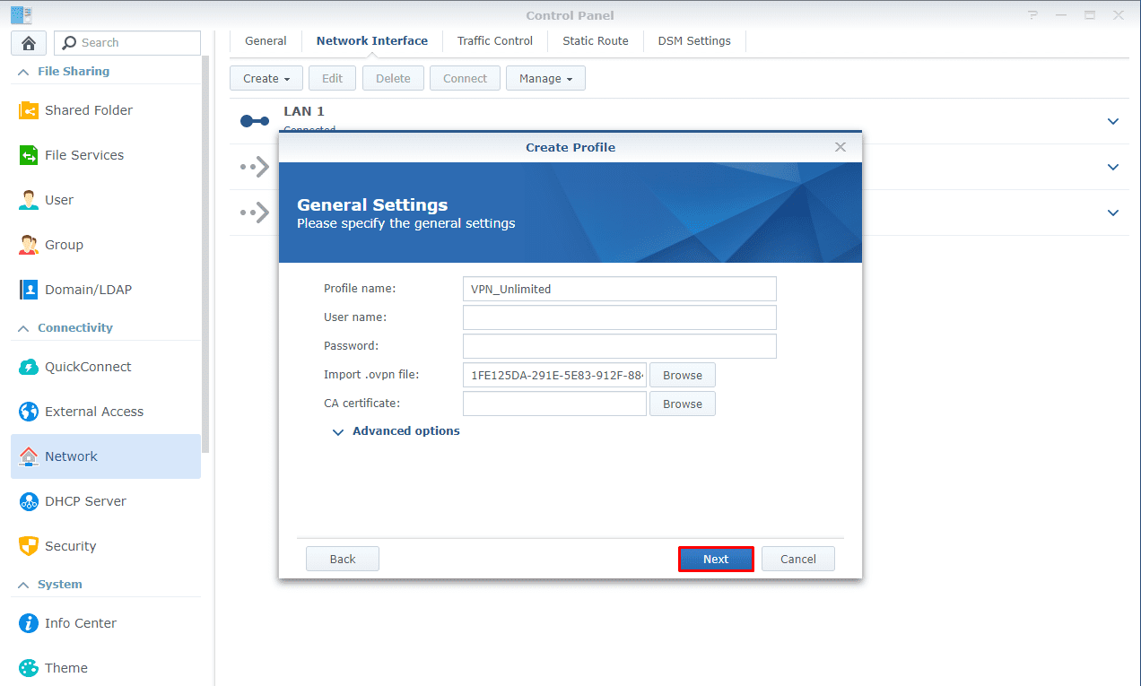 Set up VPN on Synology Nas. Create VPN profile, fill out general settings.