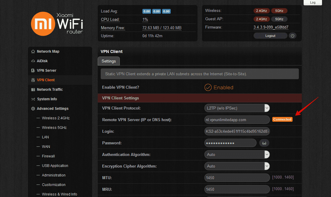 L2TP connection on Xiaomi router with Padavan firmware. Connection status