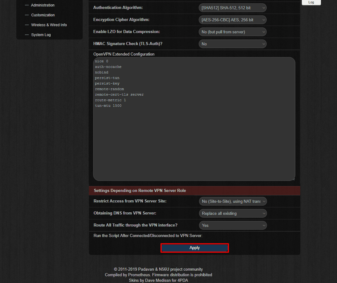 Setting up VPN on Asus Padavan router - apply settings
